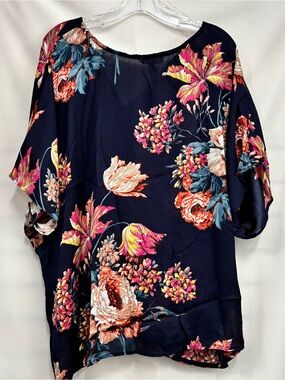 Umgee Navy Floral Dolman Blouse with Pink & Coral Blooms